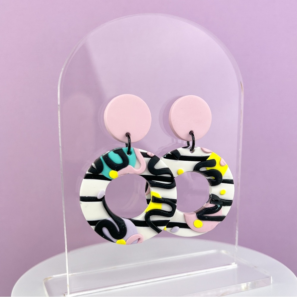 80s Memphis Style Pattern Polymer Clay Hoop Earrings Handmade